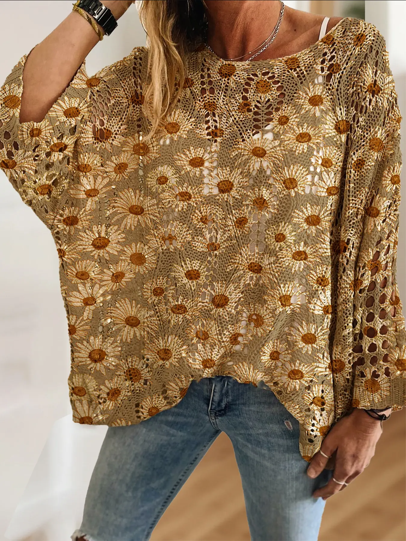 Women's Daisy Floral Knit Sweater, Round Neck Long Sleeve, Loose Batwing Shoulder Design, Casual Elegant Vacation Style, All Seasons