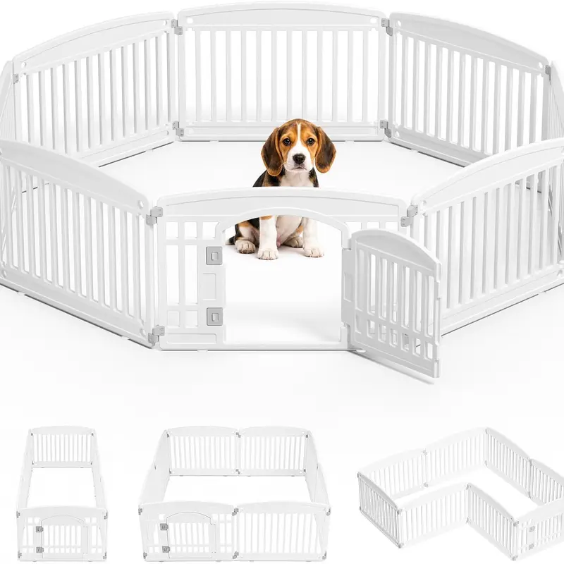 White Foldable Pet Playpen for Indoor & Outdoor Use | 6/8 Panels with Door | Dense Bite-Resistant Non-Toxic Plastic | （Anti-jump top cover sold separately）Safe Play Area for Small to Medium Dogs & Cats
