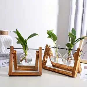 3 Pcs Vase Set, Solid Wood Frame with Glass Vases, Creative Wooden Rack for Spider Plants, Aquatic Plant Decor, Office Desk Decoration, Gift for Friends