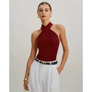 RIHOAS Women's Red Solid Minimalist Viscose-Polyester Fabric Halter Vest, Lady's Stylish Office Wear Strapless Tank Top,summervibes
