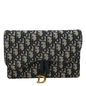 Pre-owned Dior Jacquard Clutches & Wristlets Christian Saddle Oblique Pouch Wallet On Chain Navy Blue