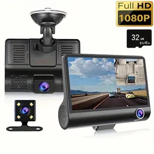1080P Three Camera Dash Cam Recorder Front Inside Rear Car DVR Camera Night Vision Wide Angle Loop Recording Parking Mode G Sensor Motion Detection 32GB Card Included HD Display Screen Reverse Camera Safe Driving Car Security for Sedan SUV Truck Taxi Ride