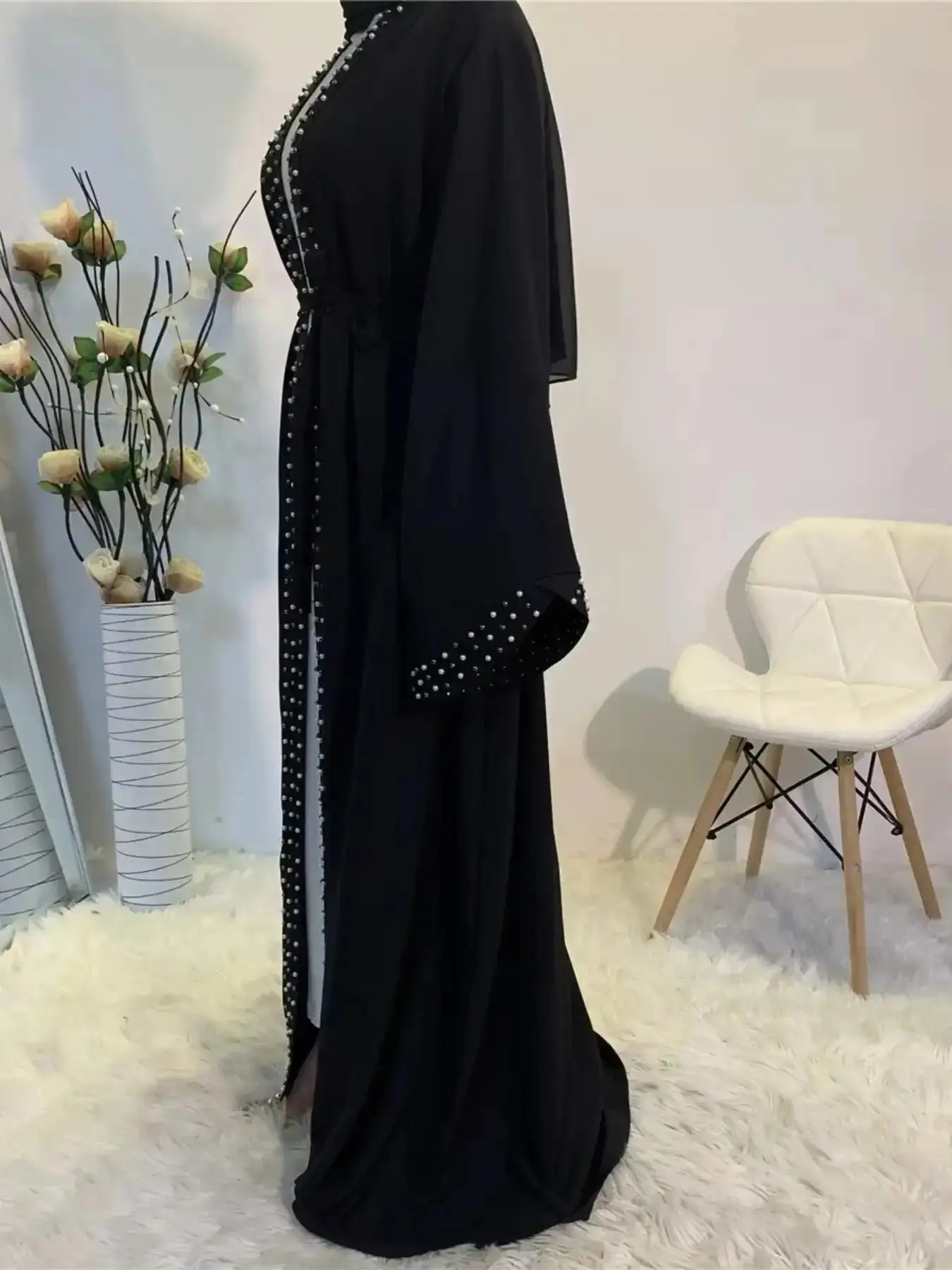 Women's Refined Ramadan Beaded Long Belted Wrap Cardigan Everyday Outfits, Casual Sleeve Loose Fit, Middle Eastern Style, Perfect for Daily Wear and Festive Occasions, Relaxed Fit, Easy Layering, Well Made