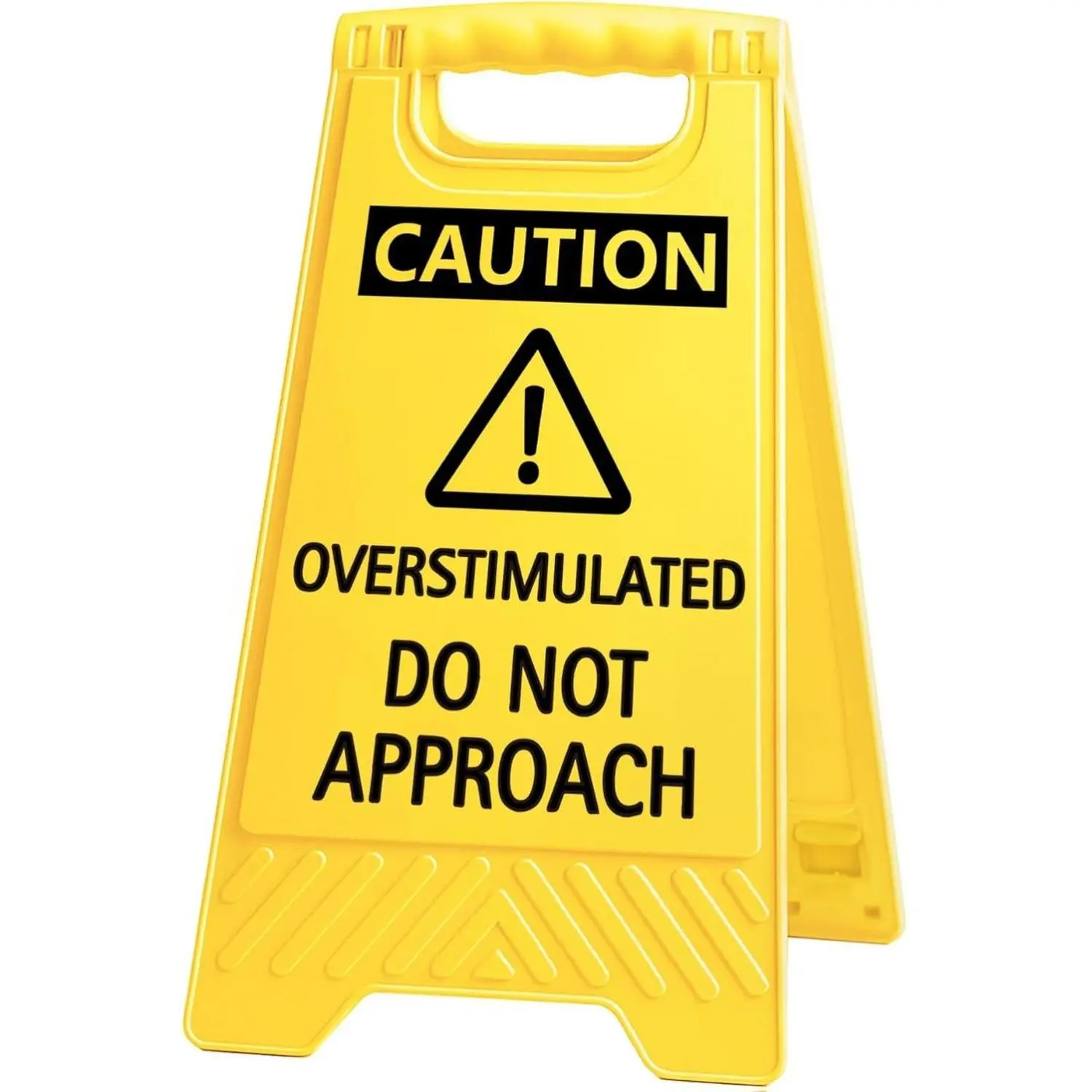 Edgy Funny Sarcastic Decorative Acrylic Caution Sign - 3.1x5.4 In ABS-Integrated Desk Plaque with Phone Holder, Mirror, Yellow Warning Style, Overstimulated Do Not Approach Reminder, Office/Home White Elephant Gift