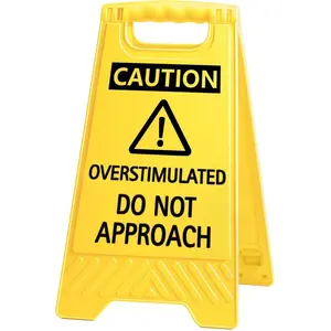 Caution Overstimulated Do Not Approach Funny Reminder Desk Sign Yellow Warning Style Office Table Decorative Gift for Coworker Friend Home Workspace Phone Holder Mirror Acrylic Cubicle Table Sign