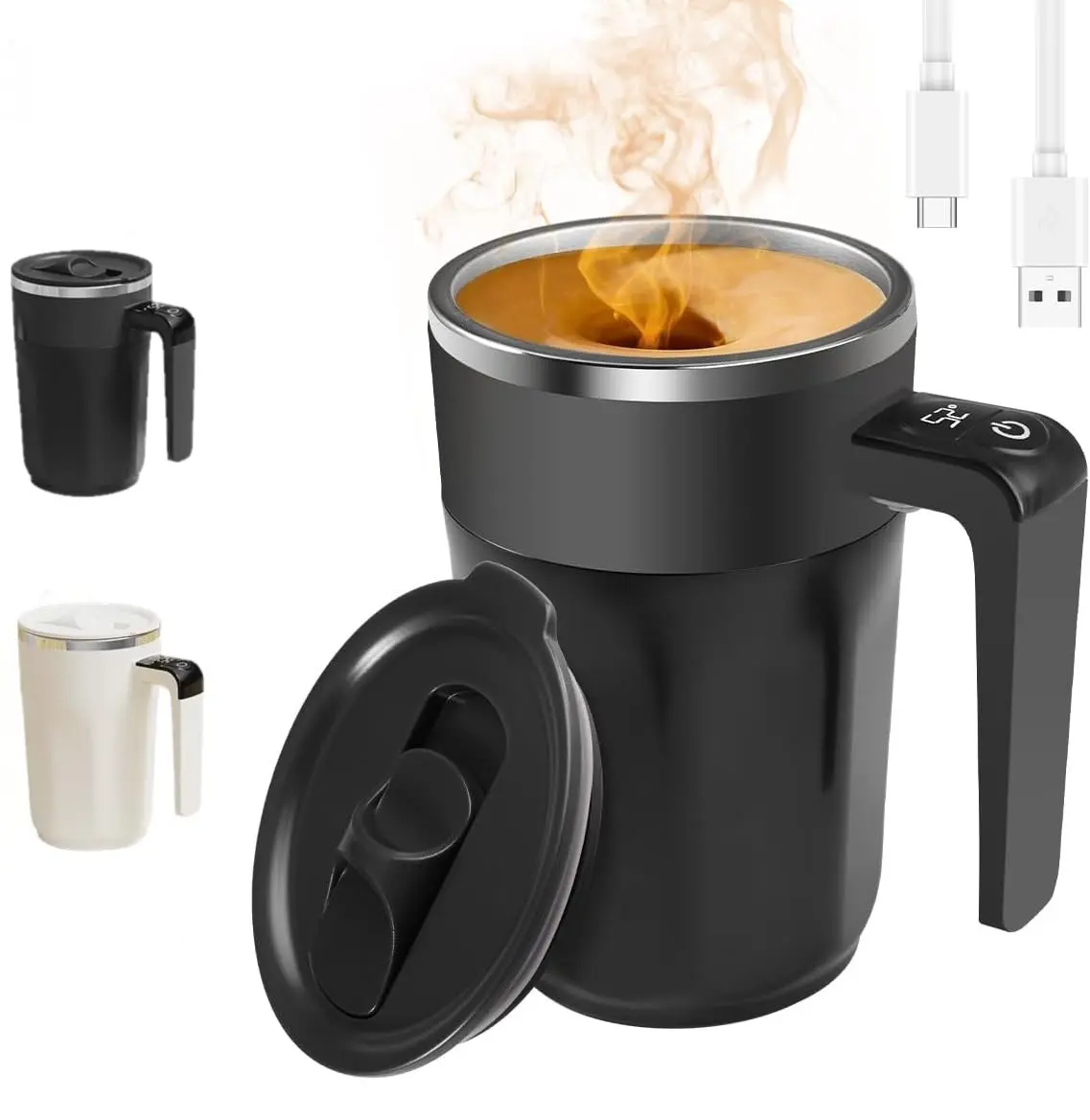 Rechargeable Self-Stirring Coffee Mug, Auto Magnetic Mixing, Temperature Display(No Heating), 304 Stainless Steel, Double-Wall Insulated, Leak-Proof Travel Cup with Lid for Coffee, Milk, Protein Shakes