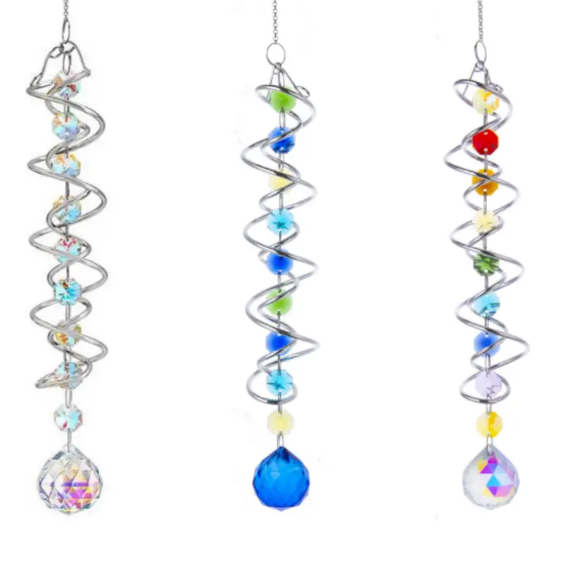  3pcs Spiral Crystal Sun Catcher Hanging Ornament, 360° Rotatable Metal Wind Spinner with Chakra Crystal Prism Ball, Rainbow Maker Window Hanging Decor for Home Garden Patio Yard Outdoor