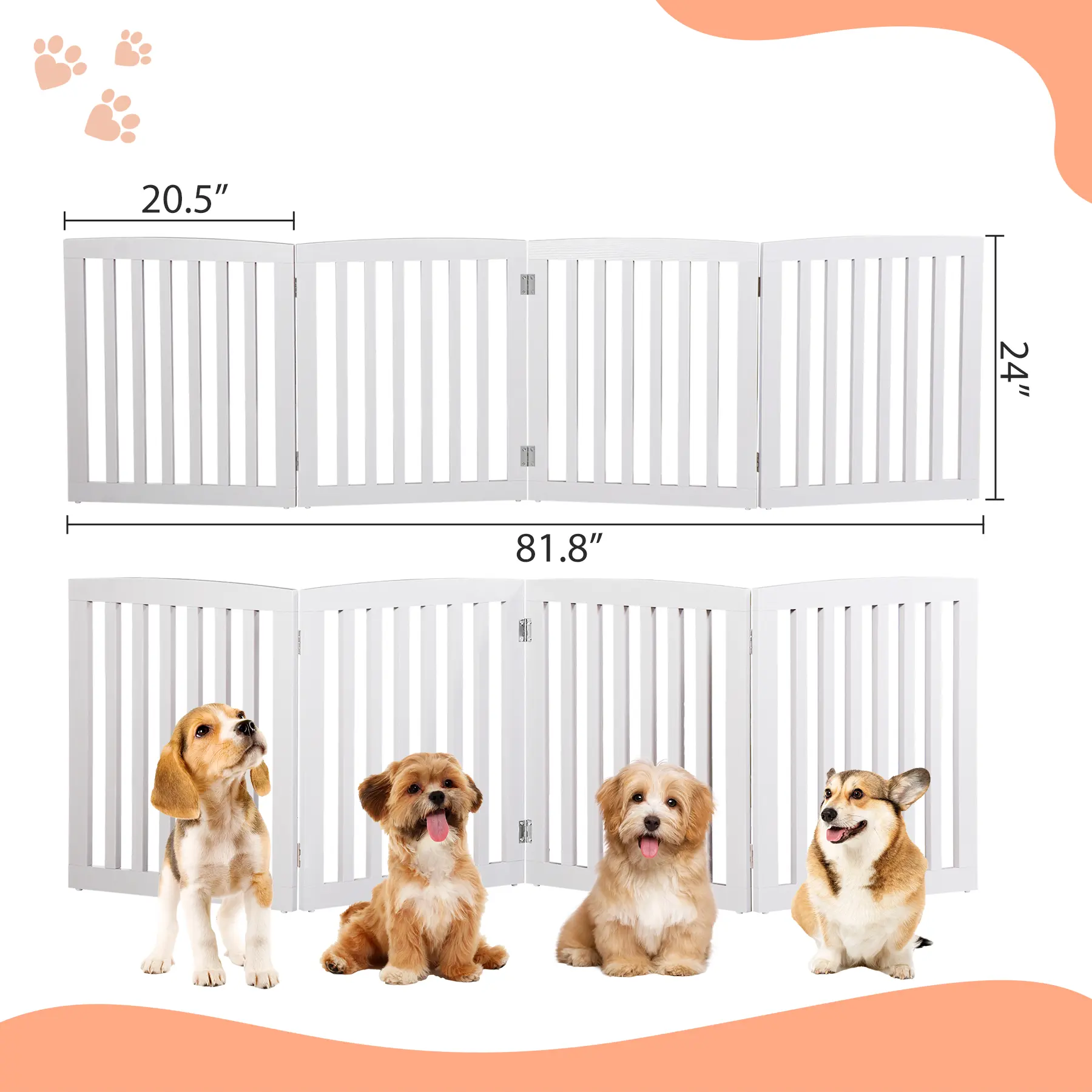 Zeny 4-Panel Folding Wooden Pet Dog Gate - 24" Height Step-Over Containment Barrier, Durable Puppy Playpen with 8 ft Pads, Stylish Secure Z-Shape for Doorways Stairs (White), Solid Panels, 80" W x 0.75" D x 24" H, 20lbs Capacity