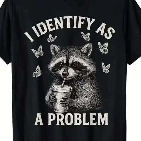 2026 "I Identify As A Problem" Raccoon Funny T-Shirt Classic Crewneck Short Sleeve Tee for Men Casual Cotton Whimsical Design