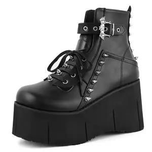 Women‘s Black Platform Ankle Boots for Women Zipper Round Toe Wedge Rave Shoes Punk Rivet Lace Up