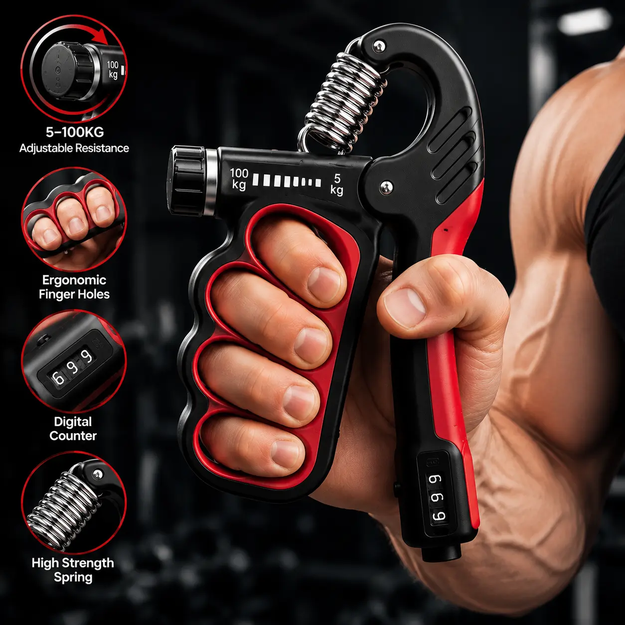 Adjustable Hand Grip Strengthener 100 kg Capacity Red & Black Design for Home Gym & Fitness Training