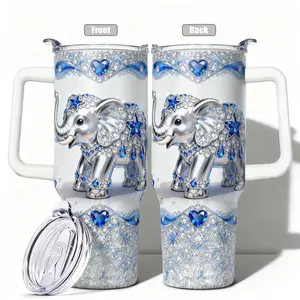 1pc, 40oz/30oz/20oz/14oz Stainless Steel Cup Silver Elephant with Blue Gemstone Accents Double Wall Vacuum Insulated Tumbler Cup, Leakproof Lid & Carry Handle Travel Mug for Outdoor Camping Hiking, Gift