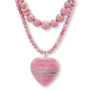 Mine Finds by Jay King Set of 2 Argentinian Rhodonite Bead Necklaces & Heart Pendant