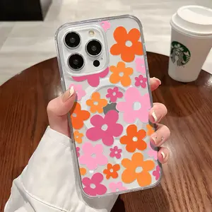 Cute Pink Floral Pattern Clear Wireless Charging Protection Shockproof Slim Magnetic Phone Case For iPhone 16 15 Pro Max 14 14Pro 13 12 11 X Plus Y2k