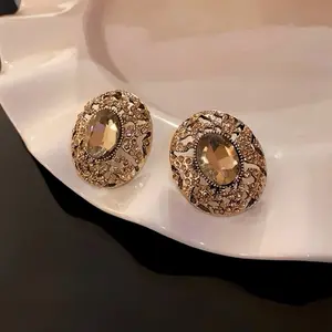 925 Silver Needle Vintage Palace Oval Diamond Stud Earrings, Luxury Elegant Retro Niche High-End Ear Jewelry Retro Stud Earrings