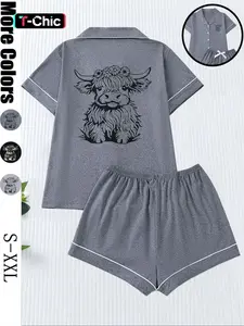 Cute Cow Print Women's Pajama Set, Comfortable Short Sleeve Button Shirt & Elastic Shorts, Casual Home Wear for All Seasons