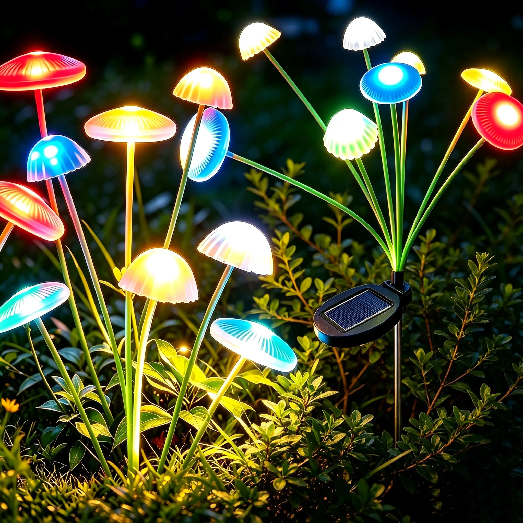 Multicolor Solar Mushroom Outdoor Path Lights, 8 LED Heads 25.6 Inch, Auto On/Off Light Sensor, Bendable Stems, Decorative Lighting for Garden Lawn Patio