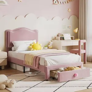 Upholstered Twin Bed Frame with Storage Drawer & Scallop Headboard, Cute Twin Size Platform Bed Frames for Boys, Girls, Wooden Slats Support