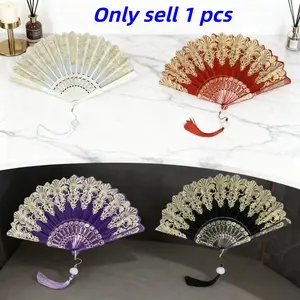 Gold Foil Pattern Folding Fan, Smooth Silk Fan, Classical Chinese Fan with Vintage Fringe, Retro Clothing Accessory, Dance Prop, Holiday Gift