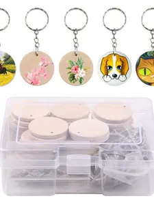 50 DIY Keychain Products Natural Round Wooden Discs with Holes Unfinished Wood Circles Includes 50 Keychains DIY Hanging Decorations