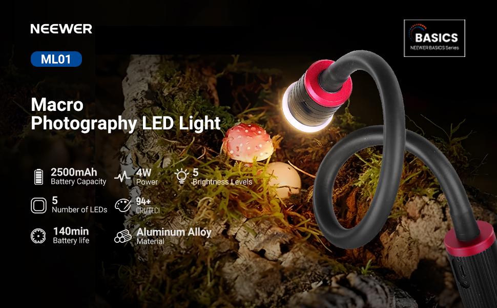 NEEWER BASICS ML01 LED Macro Photography Light, 4W Continuous Mini Light with Flexible Gooseneck, 5 Colors & 5 Brightness Levels, 1830Lux, CRI95, Gobo Projection Lens, Rechargeable for Close Up Shooting NEEWER BASICS ML01 LED Macro Photography Light, 4W Continuous Mini Light with Flexible Gooseneck, 5 Colors & 5 Brightness Levels, 1830Lux, CRI95, Gobo Projection Lens, Rechargeable for Close Up Shooting
