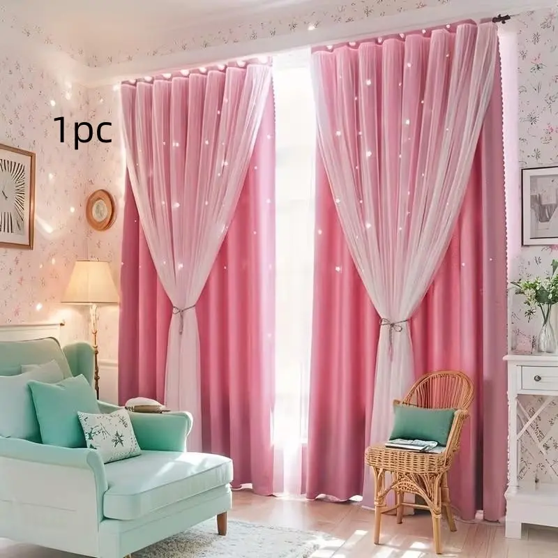 1pc 100% Boho Blackout Curtains with Star Cutouts  Integrated Sheer Overlay Pink Grey Beige 52x84 Inch Thermal Insulated Privacy Protect Grommet Drapes Blackout Window Cover Home Decoration Curtain for Bedroom and Living Room