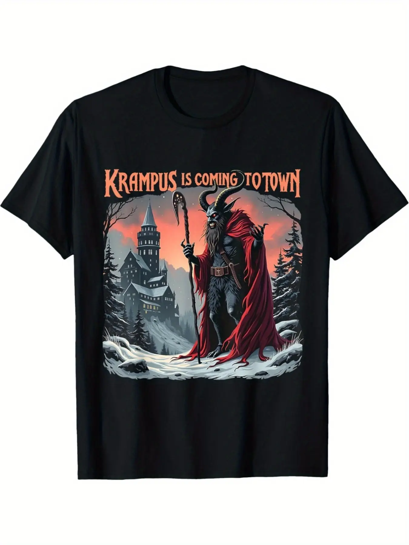 Krampus Is Coming to Town Graphic Tee - 100, Short unisex soft cotton short sleeve t shirt, vintage graphic casual tee for men women teens, perfect birthday holiday gift for camping travel gym daily street  wear