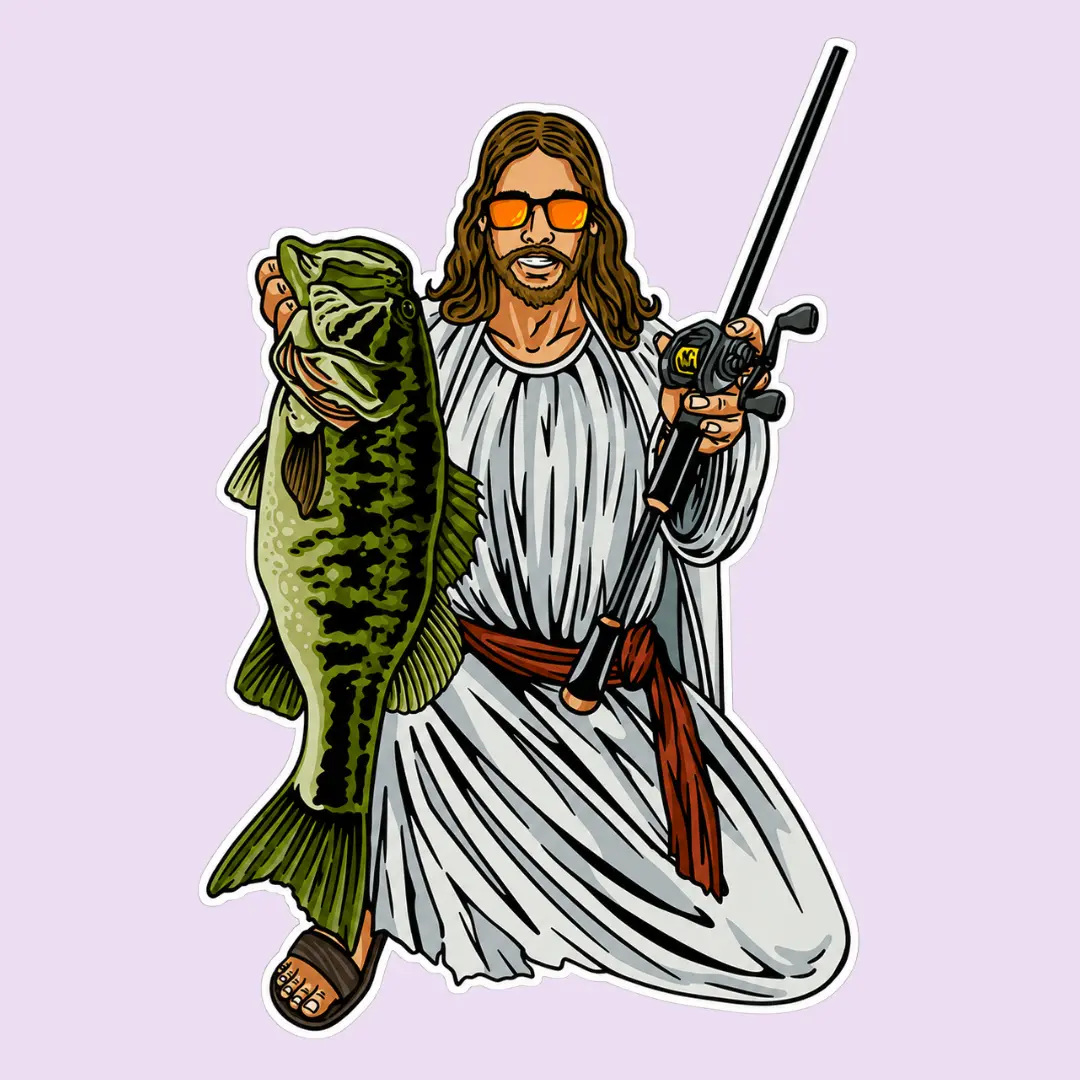 Jesus Fishing Sticker, Jesus Holding Bass Sticker, Christian Fishing Vinyl Decal, Bass Fisherman Sticker, Waterproof Laptop Sticker