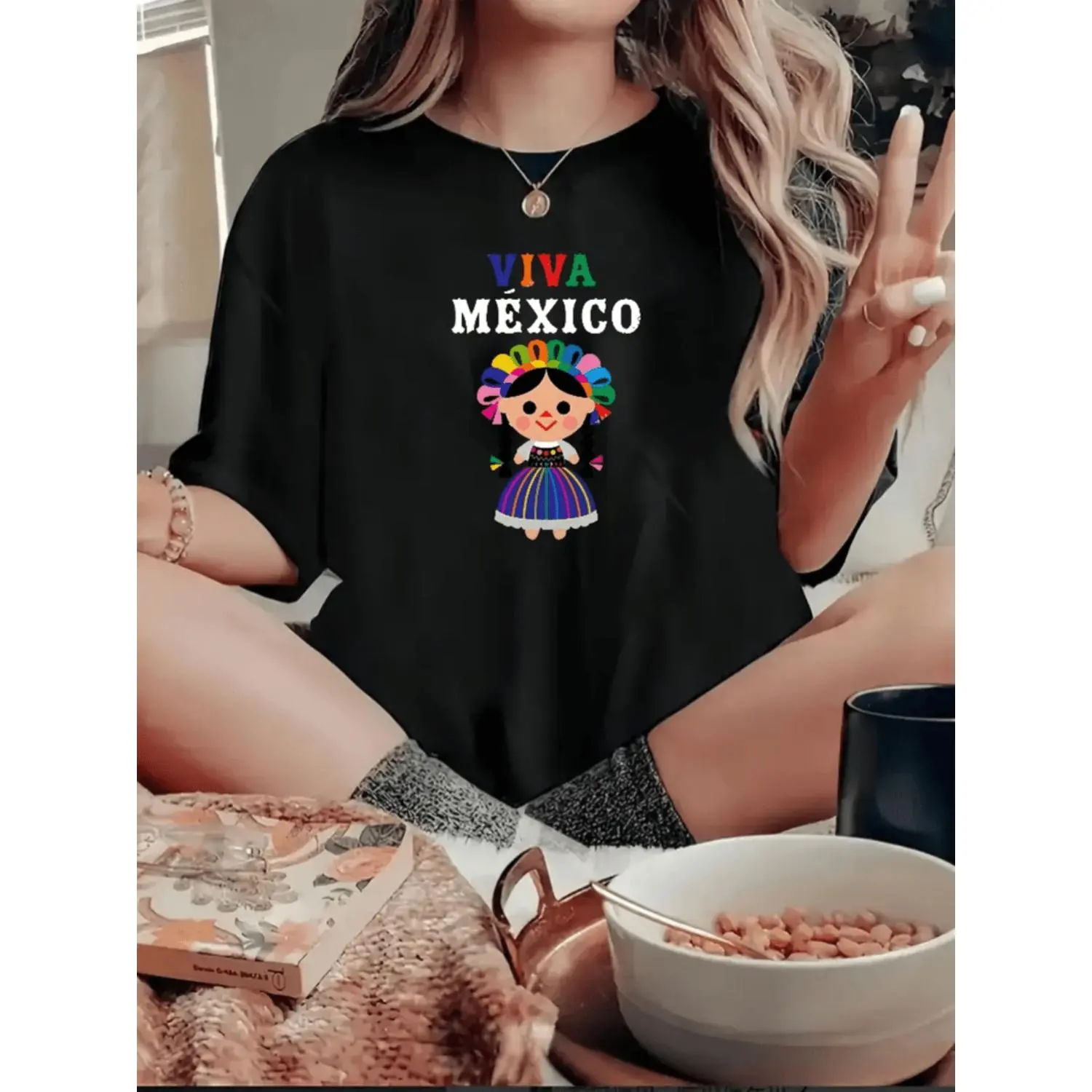 Viva Mexico Cartoon Print T-Shirt for Women All Season Casual Polyester Crew Neck Short Sleeve Top Vibrant Graphic Durable Everyday Tee