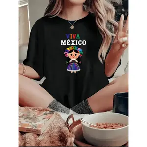 Viva Mexico Cartoon Print T-Shirt for Women All Season Casual Polyester Crew Neck Short Sleeve Top Vibrant Graphic Durable Everyday Tee
