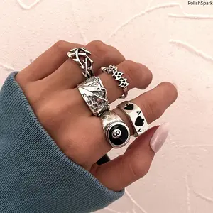 5 Piece Gothic Punk Stackable Ring Set for Women & Men – Vintage Silver 8 Ball Ace of Spades Playing Cards Rings, Adjustable Open Rings, Y2K Emo Jewelry for Daily & Party Wear