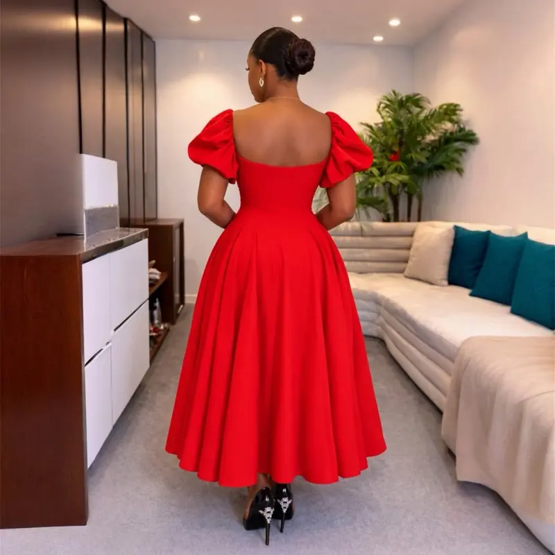 Women's Red Luxe Puffy Sleeve Princess Midi Dress - Fitted Vintage Corset-Style Bodice, Elegant Button-Down Women's Red Luxe Puffy Sleeve Princess Midi Dress - Fitted Vintage Corset-Style Bodice, Elegant Button-Down