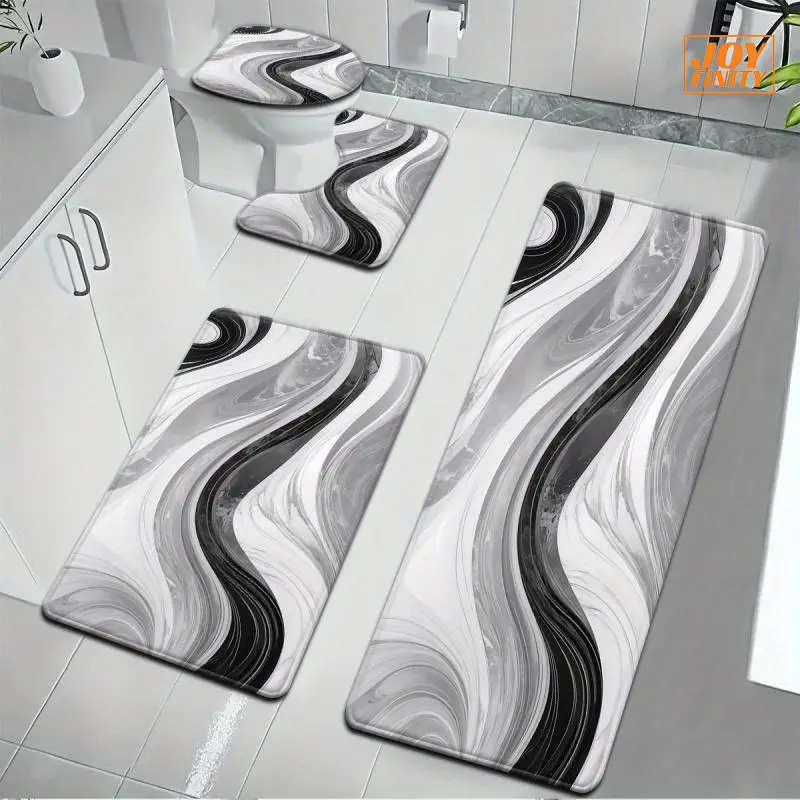 Joyfinity Black White Marble Swirl Textile Bath Mat Set (3/4 Pieces) - Non-Slip, Absorbent, Moisture-Resistant Memory Foam, U-Shaped Toilet Mat & Lid Cover, Machine Washable for Bathroom Floor, Tub, Textile Bath Mats, Moisture-Resistant Bath Mats