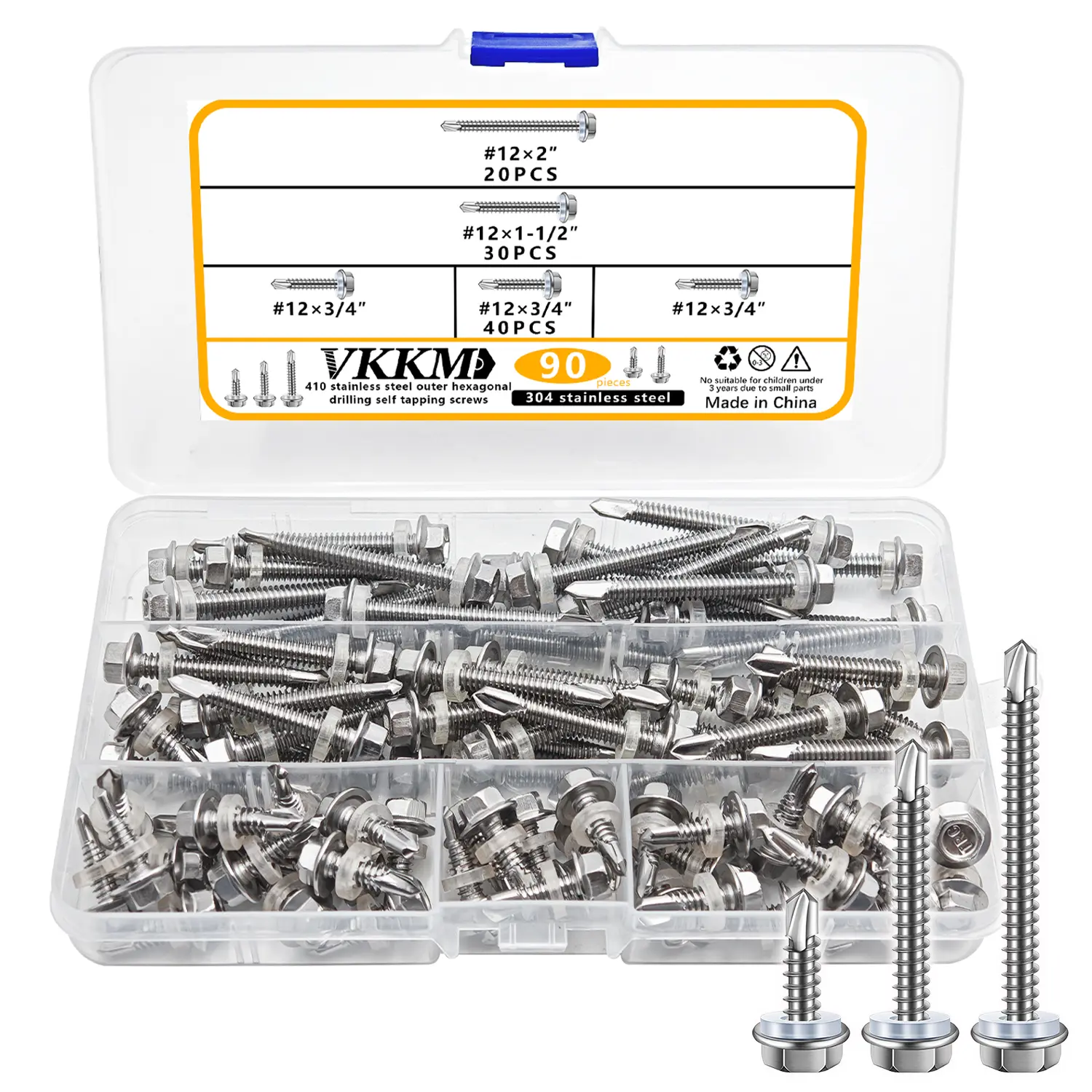 VKKM 90Pcs #12 Hex Washer Head Self Drilling Screws Assortment Kit, 410 Stainless Steel Tek Screws with Rubber Seal Washer, #12 x 3/4", 1-1/2", 2" Sheet Metal Screws for Metal Roofing, Steel Plates & General Metal Repair