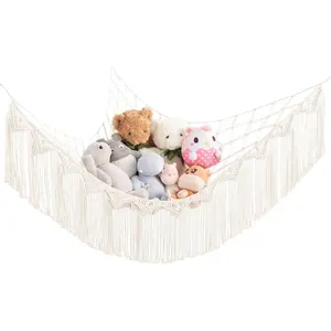 Animal Hammock Corner Toy Organizer with Lights and Tassels Boho Stuff Net Large Capability Toys Display Holder for Nursery Kid Room Playroom, 1 piece