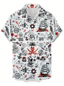 Vintage Pirate Pattern 3D Printed Men's Shirt, Casual Hip-Hop Rock Street Hawaiian Shirt