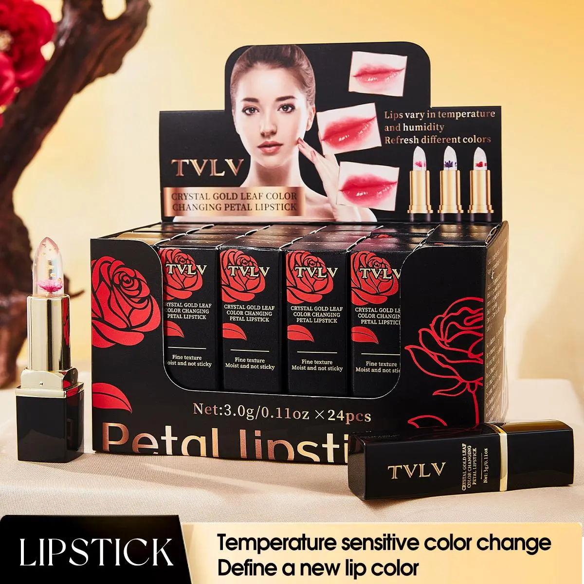 Crystal Gold Leaf Color-Changing Lipstick, Hydrating Moisturizing Lip Balm with Real Flower Petals, Temperature-Sensitive Glossy Lipstick for Long-Lasting Natural Color Change Makeup