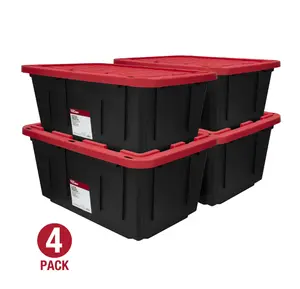 (Pack of 4) Hyper Tough 27 Gallon Large Storage Bin with Snap Lid, Black and Red, Heavy Duty Plastic Storage Container