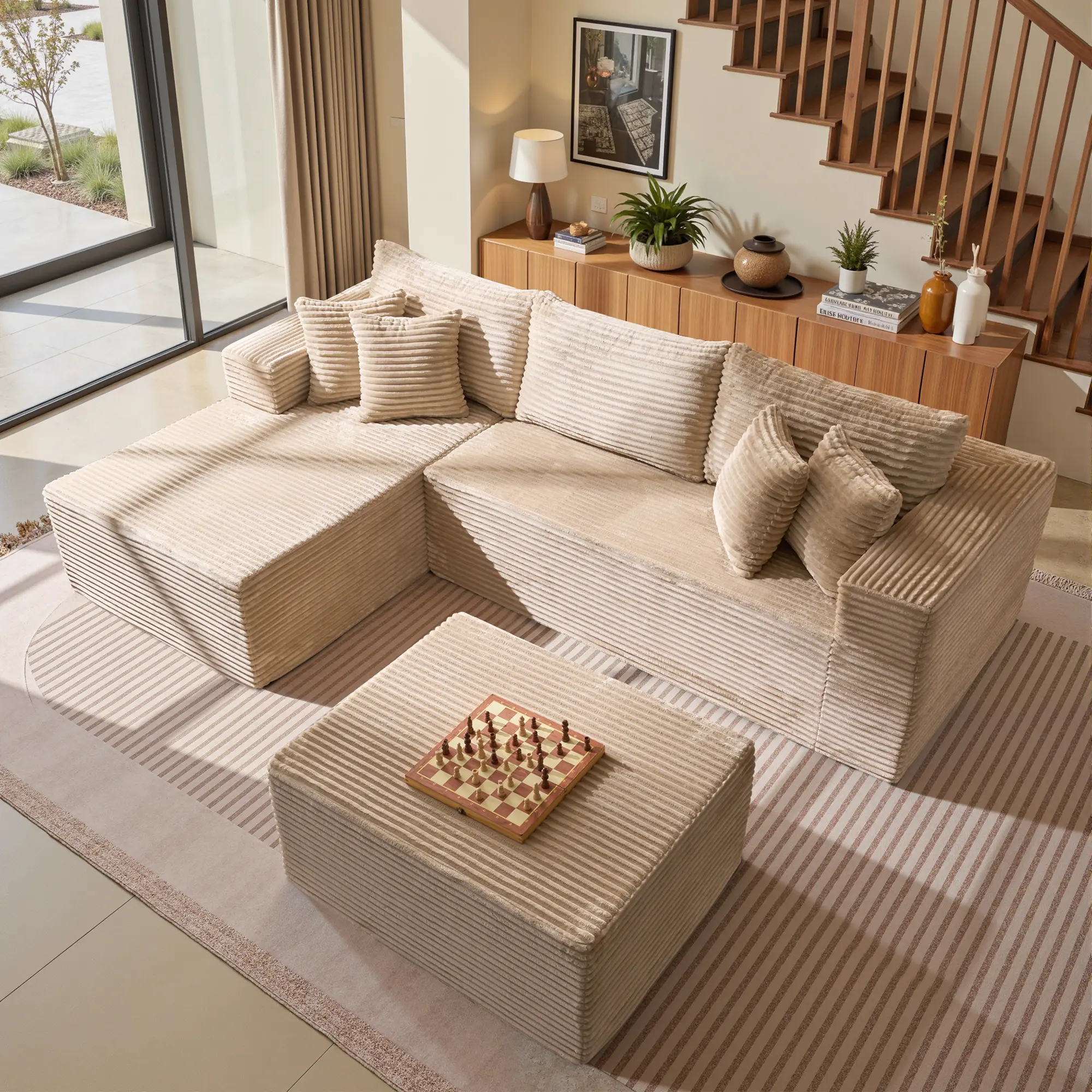 Beige Corduroy Left Chaise With Ottoman