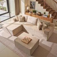 Beige Corduroy Left Chaise With Ottoman