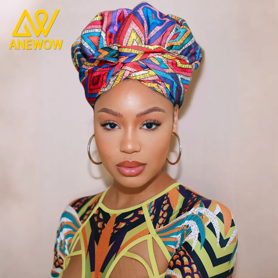 ANEWOW Multicolor Geometric Ankara Satin Lined Headwrap