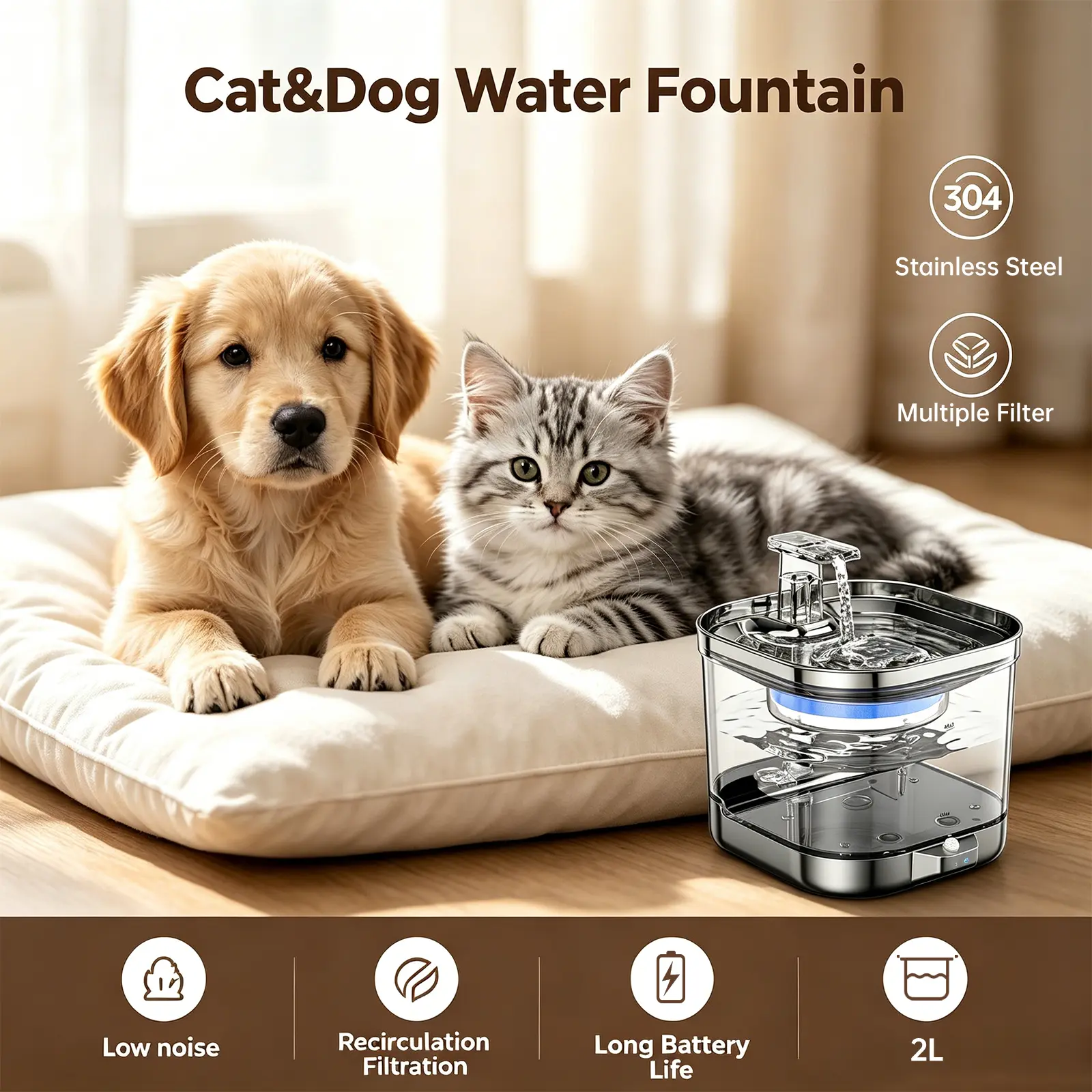 Resin Cordless Cat Water Fountain (2L/68oz) - Motion Sensor, 20dB Quiet External Pump, Auto Water Flow, 5-Stage Filtration (2 Replacement Filters), 5000mAh Rechargeable, Dishwasher-Safe, Indoor Pet Feeding Accessory