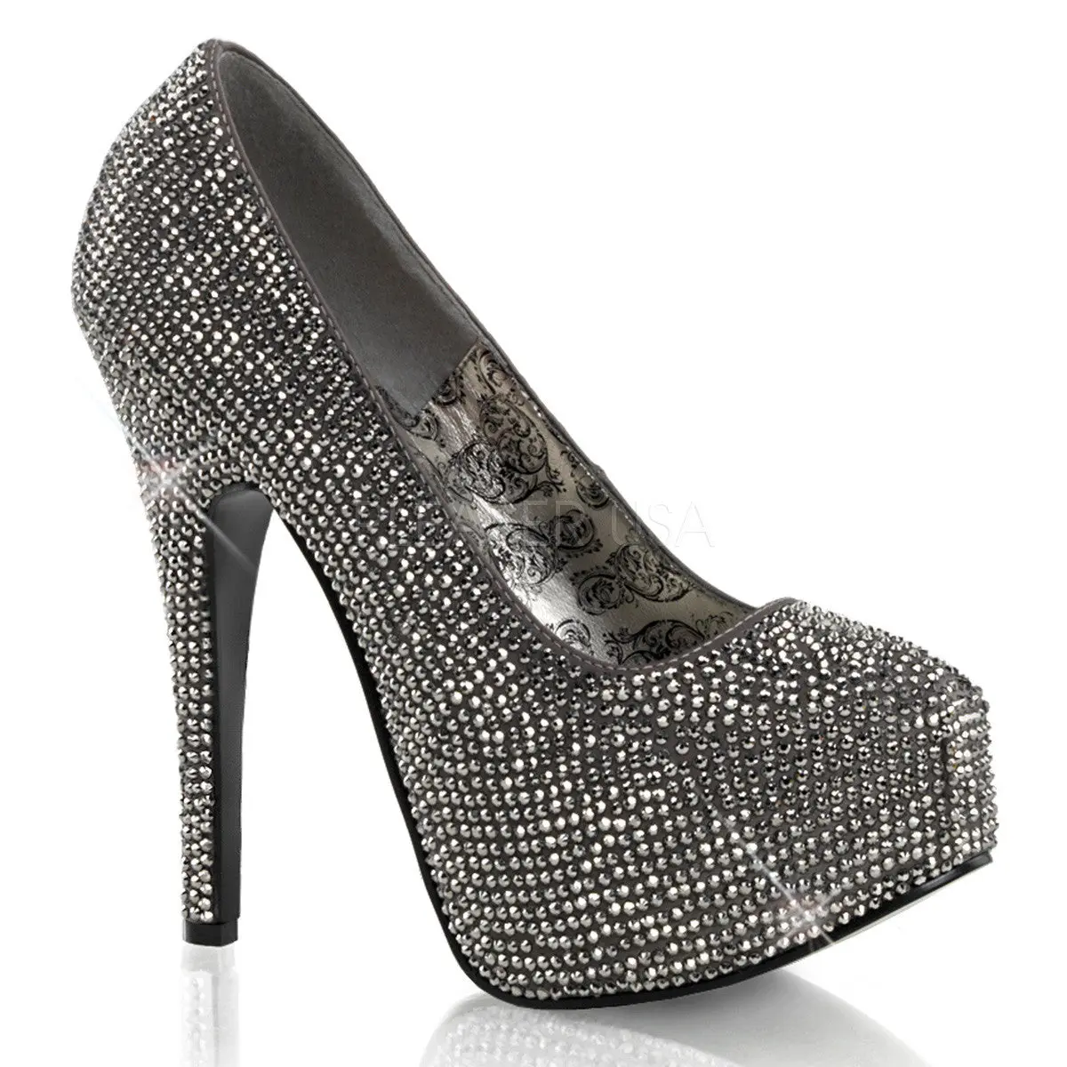 Bordello TEEZE-06R Women's Gray Satin Closed-Toe Pump Heels, Pewter Rhinestone Party Footwear with 5.75" Heel and 1.75" Hidden Platform, Elegant, High Heels