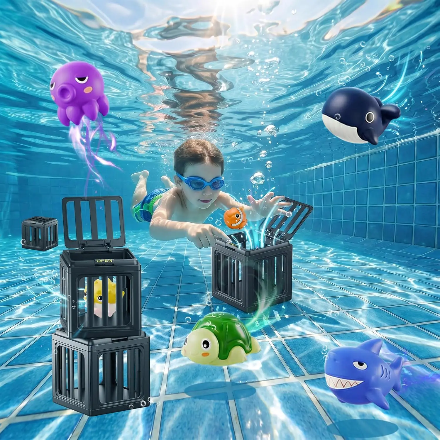Summer Spring Gift Pool Diving Toys for Kids – Underwater Swim Game Set with 6 Floating Sea Animals & 6 Dive Cages, Summer Swimming Pool & Bath Toys, Beach Water Games, Fun Birthday Gift for Boys & Girls