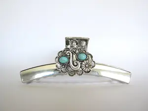 Long shiny turquoise blue silver western design metal native tribal hair claw clip