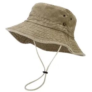 Unisex Vintage Washed Cotton Boonie Hat for Men, Wide Brim Packable Sun Protection Safari Cap with Adjustable Chin Strap, Hiking Camping Hanging Home Decor Accessory Outdoors Hangable