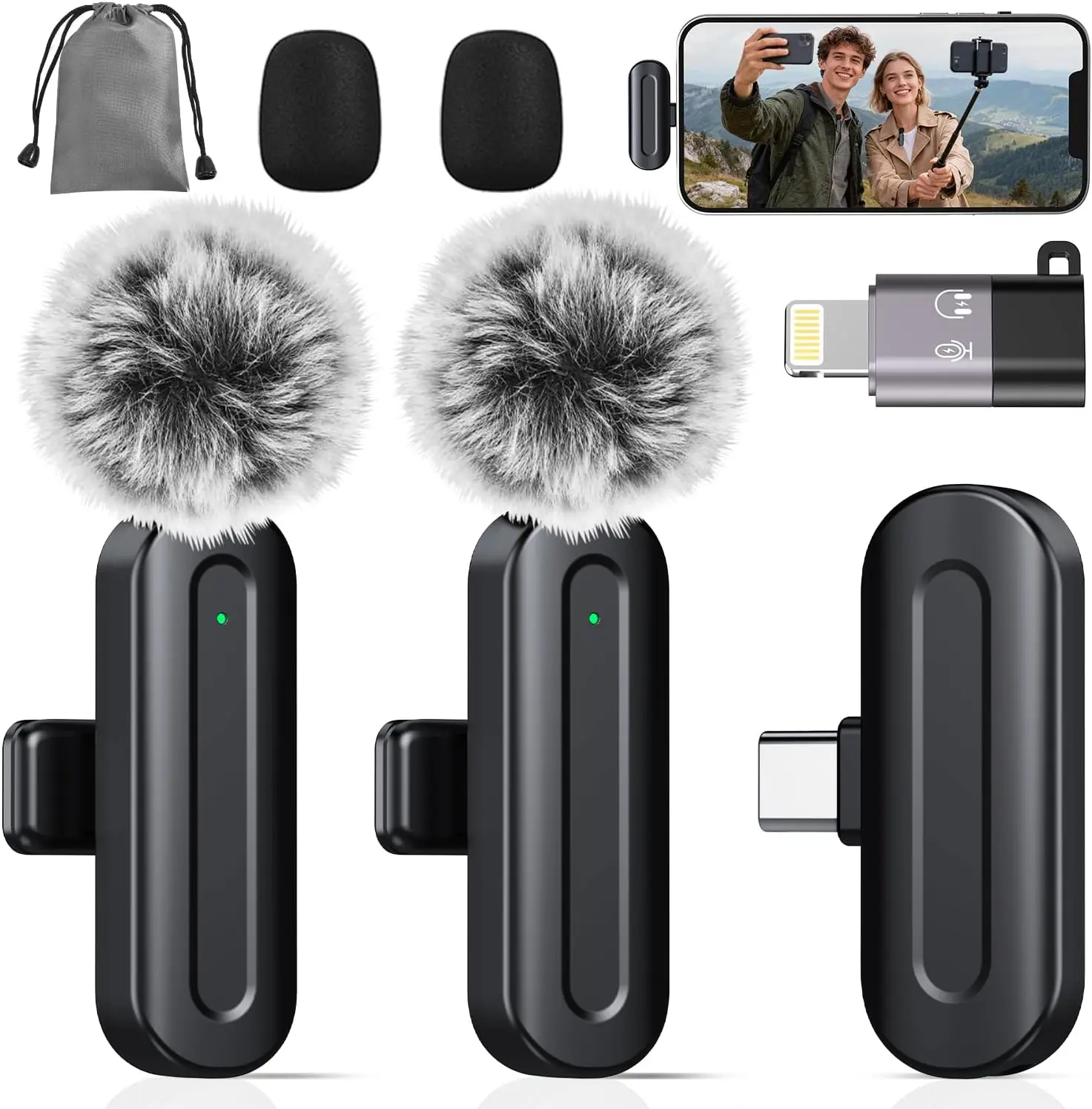 PQRQP Wireless Mini Microphone for iPhone/iPad/Android: 2 Pack Lavalier Microphone for Video Recording, High-Fidelity Audio iPhone Mic for Content Creators(Graphite Black)Good gifts