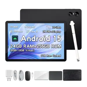 2026 Family 2-in-1 Android 15 Tablet, 10.1" Large Screen,24GB(6GB+18GB) RAM 256GB Storage, Keyboard, Mouse,Stylus, Case Bundle for Kids Learning & Home Use gift