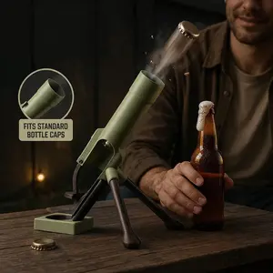 Mortar Beer Bottle Opener, Heavy-Duty Tactical Cap Launcher, Hands-Free Push Down Automatic Bottle Cap Launching Tool, Funny Creative Beer Opener, Novelty Bar Desk Decorations, Ideal Fun Party Gift for Home Bar, Party, Gathering, Desert Tan