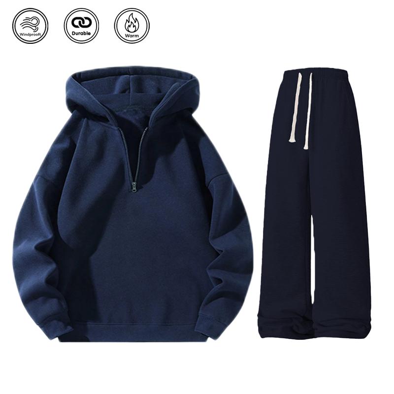 Men’s solid-color two-piece athletic tracksuit set featuring a regular fit: a casual off-shoulder half-zip hooded sweatshirt and drawstring jogger pants with pockets. Fleece lining for warmth, suitable for autumn and winter, ideal for everyday wear and wo
